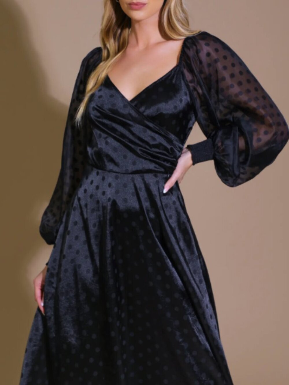 NEW Flying Tomato Black Polka Dot Long Sleeve Midi Dress Size Large 8455 - Picture 3 of 15